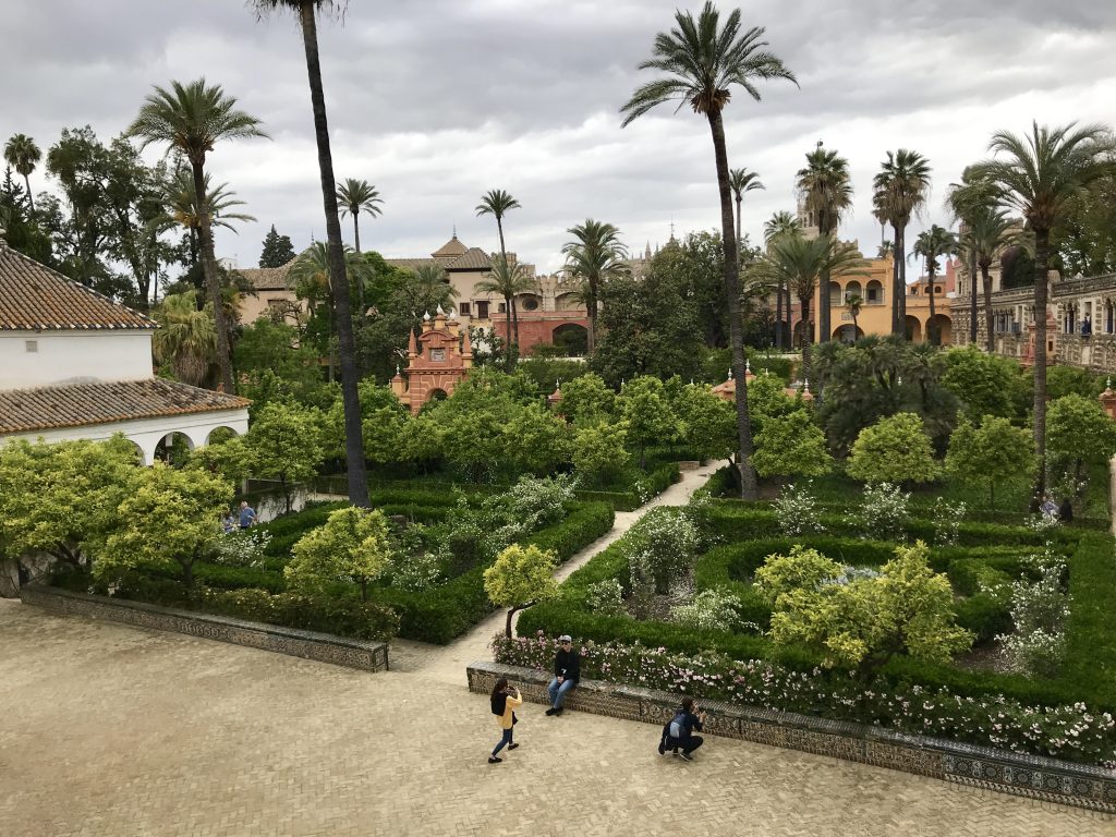 Distance view of gardens of Alcázar of Seville, Spain